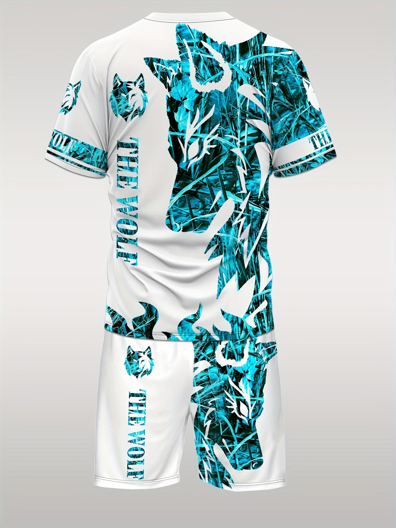 Summer Men's wolf pattern casual round neck short-sleeved T-shirt and shorts 2pcs set, suitable for outdoor activities