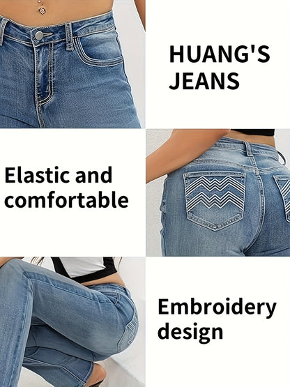 HME Autumn/Winter New Arrival - Women's Stretch Flared Fashion Pants with Contrast Stitching and Embroidery, Stylish and Elegant Classic Vintage Blue, Suitable for All Seasons, Women's Long Pants, No Belt Included