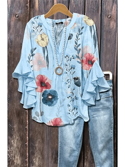 [Holiday Tops] Women's Blouse Ruffle Print Paisley Stylish Modern 3/4 Length Sleeve V Neck Regular Tops Daily Holiday Blue Black Wine Khaki Summer