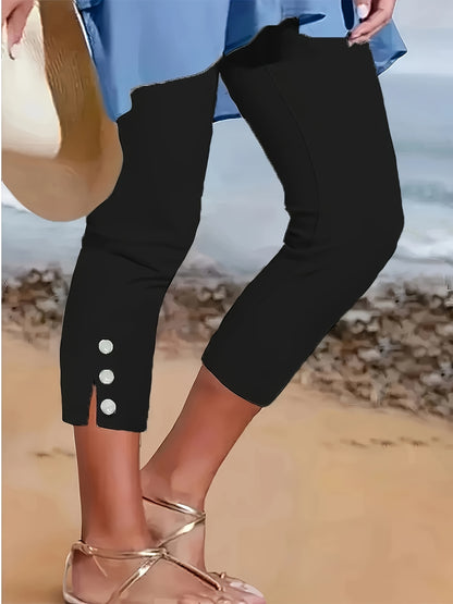 3pcs Women's Autumn And Winter Clothing, High-waisted Capri Leggings, Halloween Costumes - High Elasticity with Fake Button Details, 3 Solid Colors (black, Navy Blue, Red), Machine Washable
