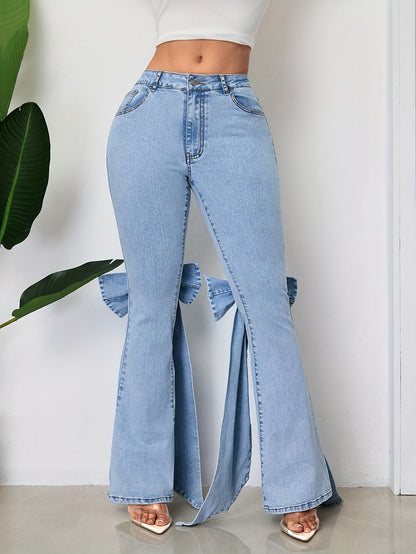 These Mid-Rise Flared Jeans for Women Feature Large Bow Ribbon Accents, Are Slim-Fitting with a Bit of Stretch, And Are Perfect for Any Season And a Variety of Events