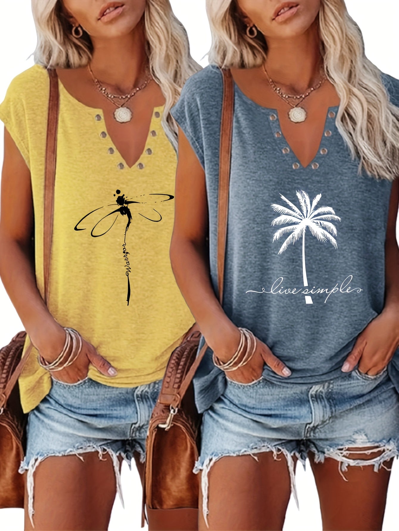Two-piece Women's European And American Fashion Printed Blouse Button- V-neck Sleeve Vest