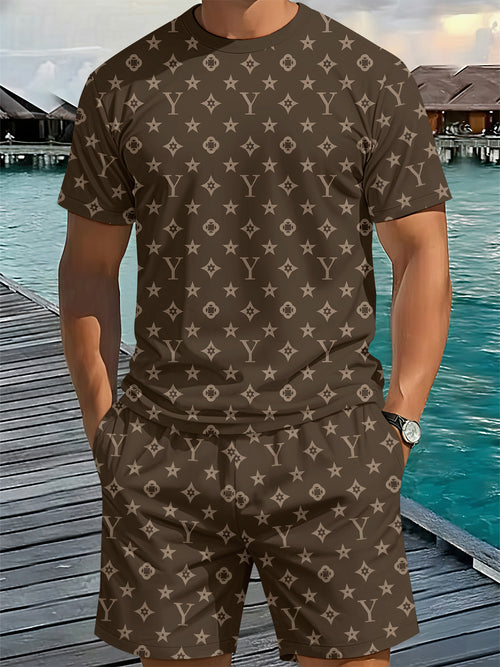 Men'S 3D Digital Print Casual Short Sleeve Shorts Set, Luxury Style Full Monogram Print, Classic Y-Shaped Jacquard Design 2pcs Outfit, Effortlessly Achieves an Upscale Look And Showcases a Unique Luxury Taste