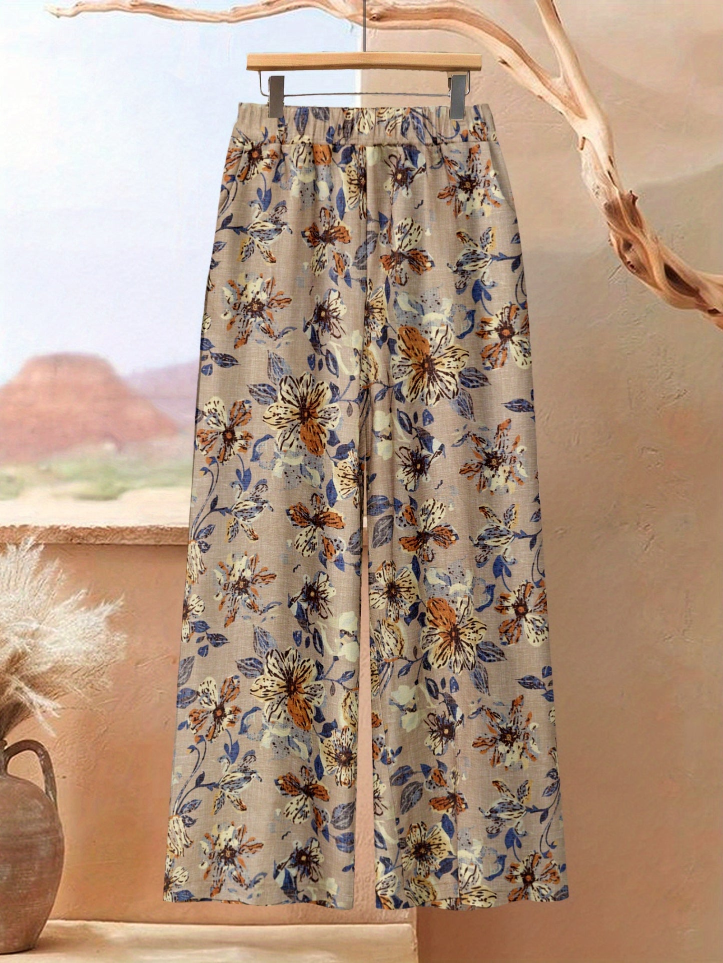 Plus Size, Plus Size - Plus Size - A Stylish 2pcs Ensemble Featuring Oversized Asymmetrical Button-Up Tops for Women, Matched with Printed Wide-Leg Trousers, Radiating Everyday Sophistication