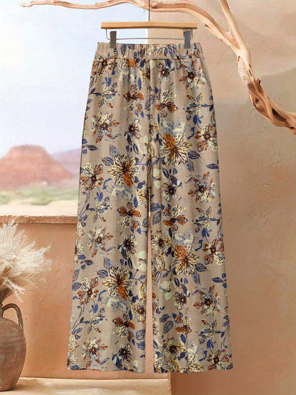 Plus Size, Plus Size - Plus Size - A Stylish 2pcs Ensemble Featuring Oversized Asymmetrical Button-Up Tops for Women, Matched with Printed Wide-Leg Trousers, Radiating Everyday Sophistication