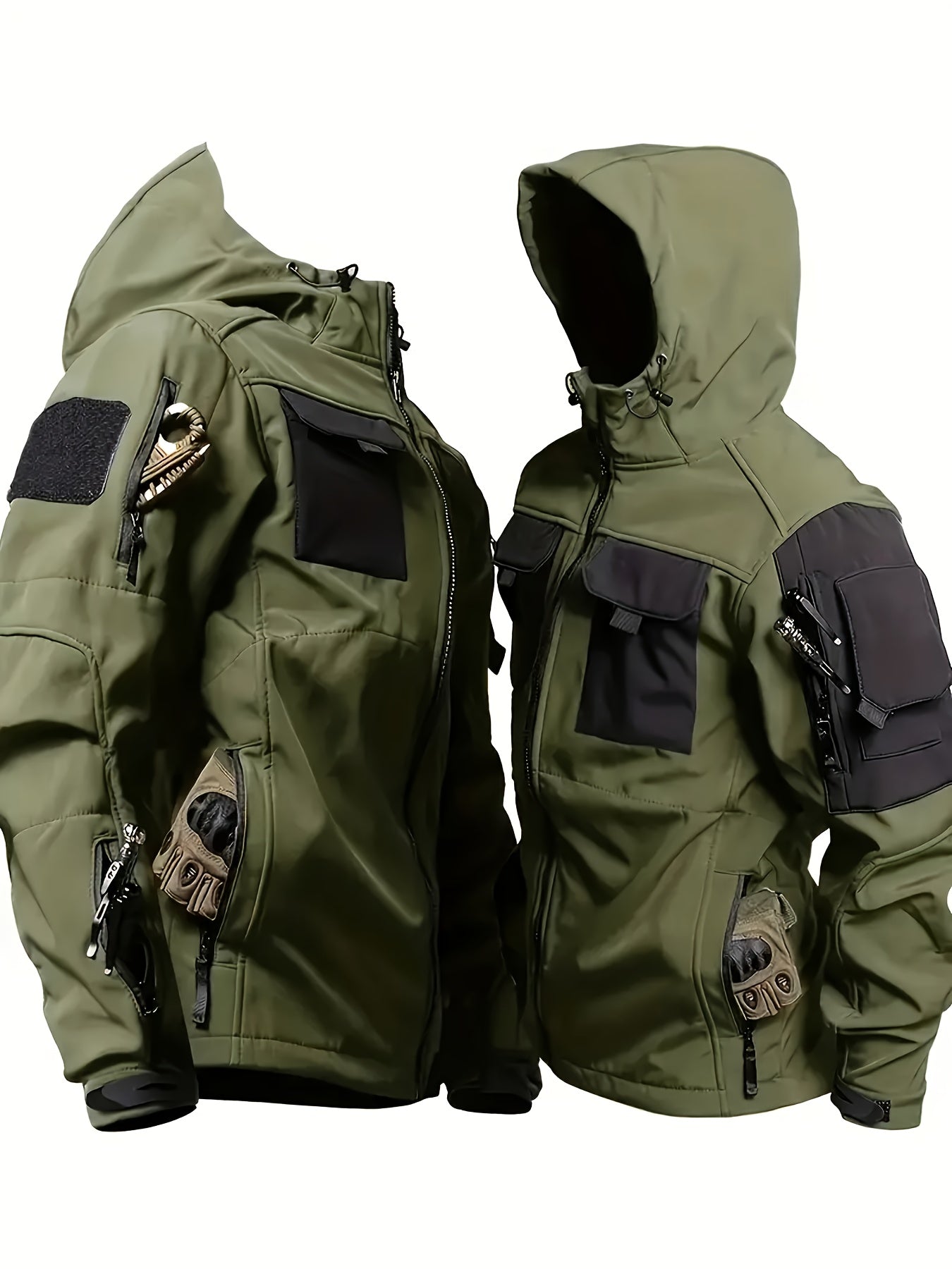 Winter Shark Skin Softshell Hooded Jacket Multi-pocket Tactical Windbreaker for Outdoor Adventures -lined Thermal Fabric Ideal for Snowy Weather and Hiking ExcursionsWinter Shark Skin Softshell Hooded Jacket Multi-pocket Tactical Windbreaker Fo