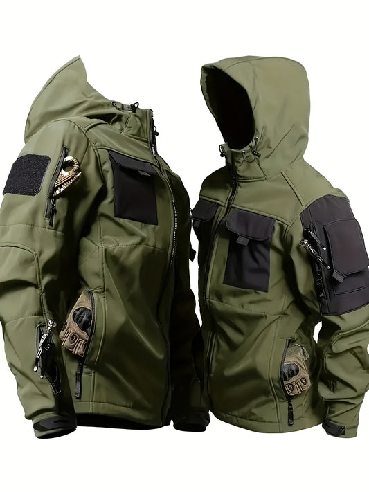 Winter Shark Skin Softshell Hooded Jacket Multi-pocket Tactical Windbreaker for Outdoor Adventures -lined Thermal Fabric Ideal for Snowy Weather and Hiking ExcursionsWinter Shark Skin Softshell Hooded Jacket Multi-pocket Tactical Windbreaker Fo