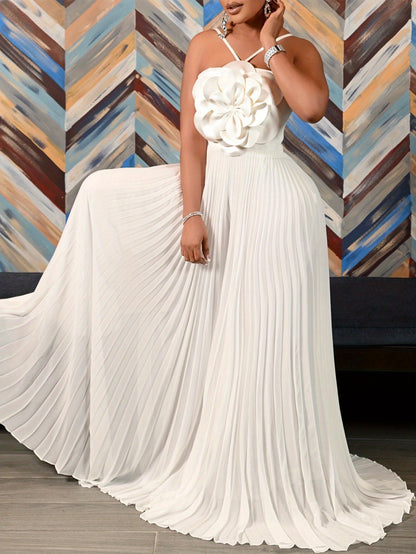 Plus Size - Plus Size - New Women'S European And American Summer Hanging Neck Three-Dimensional Flower Solid Color Wide Leg Plus Size Foreign Trade Jumpsuit