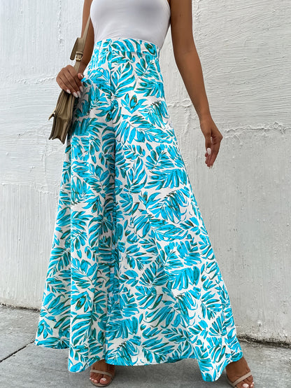 Women's High Waist Leaf Print Wide Leg Palazzo Pants - Super Long Flowy Bohemian Style, Machine Washable Non-Stretch Fabric for Spring & Autumn Casual Wear, Autumn Apparel, Lightweight Design