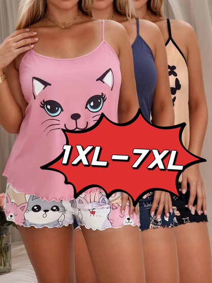 3 Sets of Women'S Plus Size Comfortable Pajama Sets, Including Coffee/Heart/Cat Print Patterns, Shorts And Printed Suspenders Home Clothes
