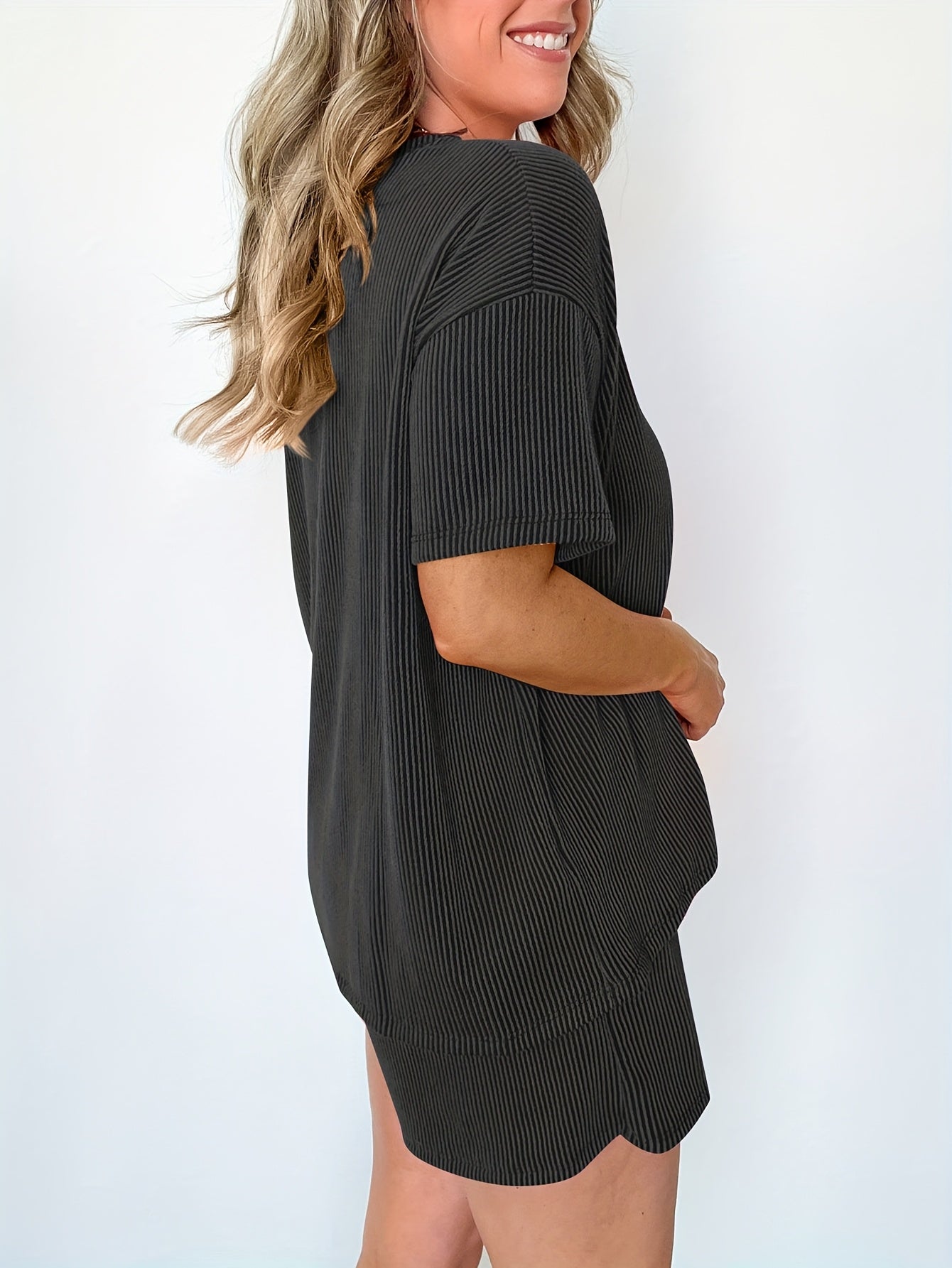 2025 Two-Piece Set with Short Sleeve Striped Top And Elastic Waist Shorts