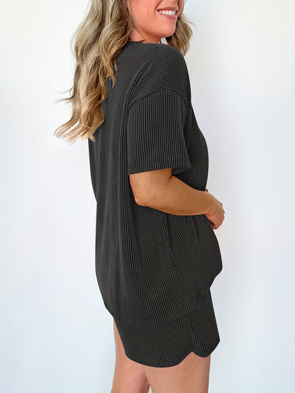 2025 Two-Piece Set with Short Sleeve Striped Top And Elastic Waist Shorts