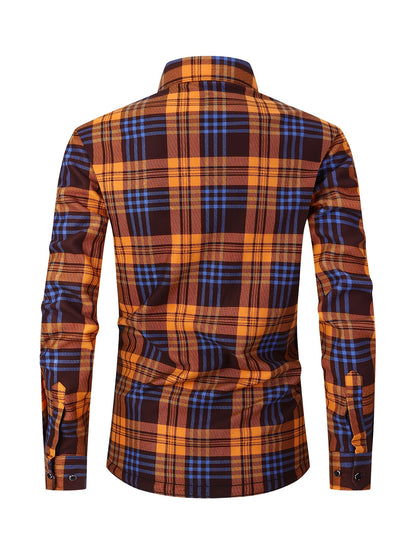 Men'S Heavyweight Long Sleeve Shirt - Thick Winter Jacket with Button Front Placket, Navy Blue & Brown Plaid, Formal & Casual Button-Up Blouse for Office, Outdoor, Everyday - Classic Button-Up Shirt for Men, Winter Jacket, Outdoor Clothing