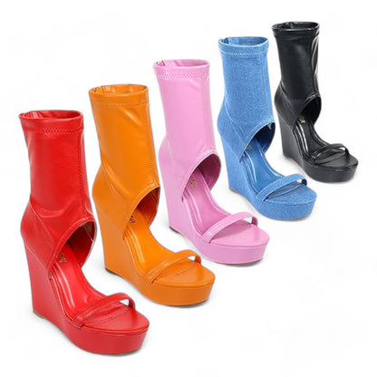 Womens Peep Open Toe Wedge Bootie Platform Wedge Heel Peep toe Boots
