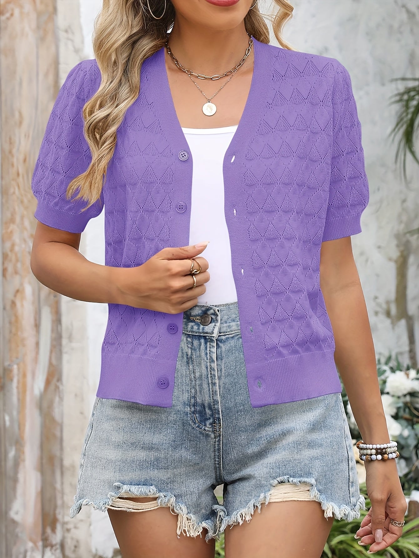 Lightweight Crocheted Short Cardigan for Women Featuring Puff Sleeves; a Breathable, Comfy, And Versatile Top Ideal for Spring And Summer