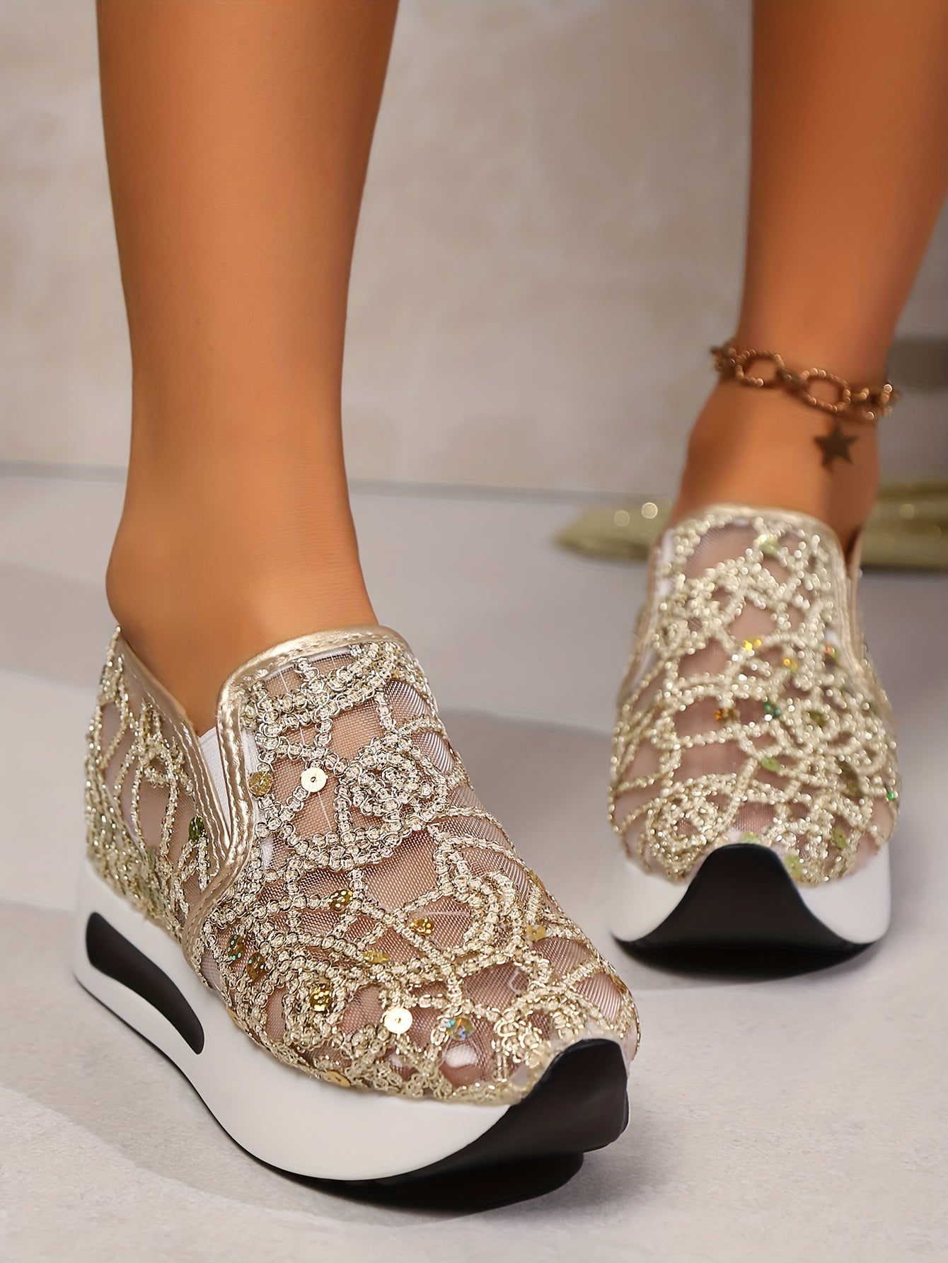 Women's High Rise Sequin Casual Sports Shoes, Women Shoes, Sneakers