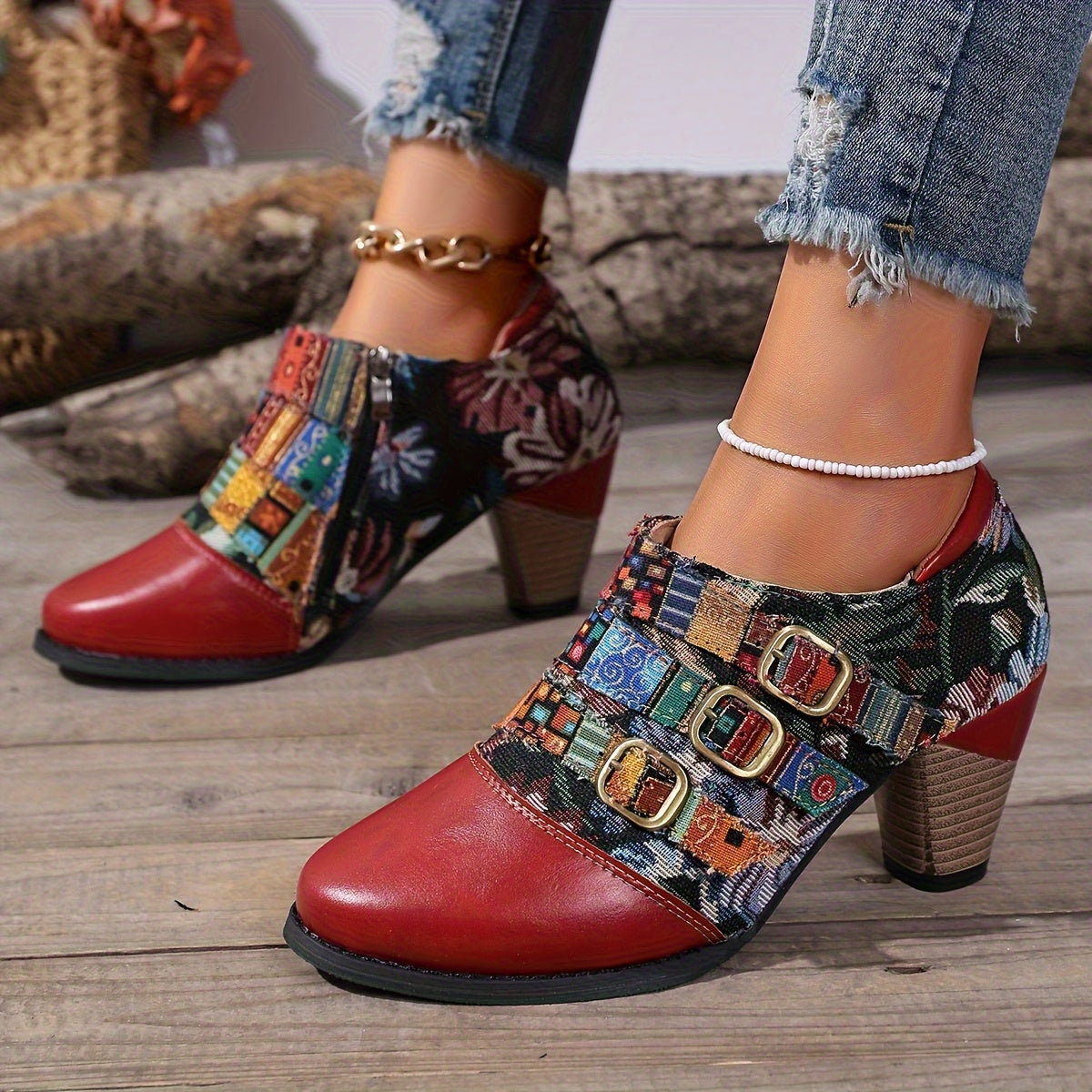 Women's Cowgirl Boots with Chunky Heel - Round-Toe Ankle Boots Suitable for Casual & Formal Outfits, Zipper Closure, Durable PU Sole & Synthetic/Fabric Upper, Versatile Western Footwear, Year-Round Wear, Women Shoes