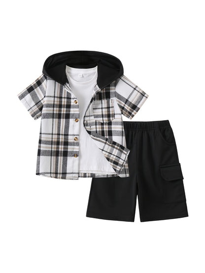 2pcs, Children's Short-sleeved Plaid Shirt Shorts Hooded Top Cardigan Fashion Casual Children's Shorts Set, Perfect for Outdoor