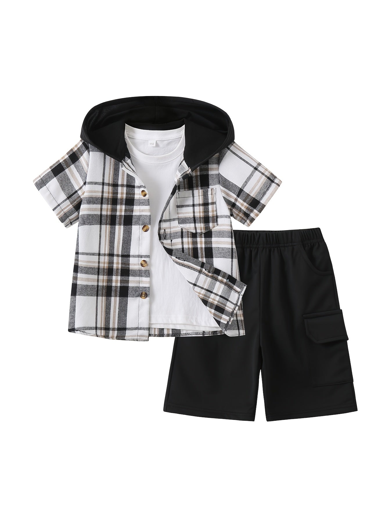 2pcs, Children's Short-sleeved Plaid Shirt Shorts Hooded Top Cardigan Fashion Casual Children's Shorts Set, Perfect for Outdoor