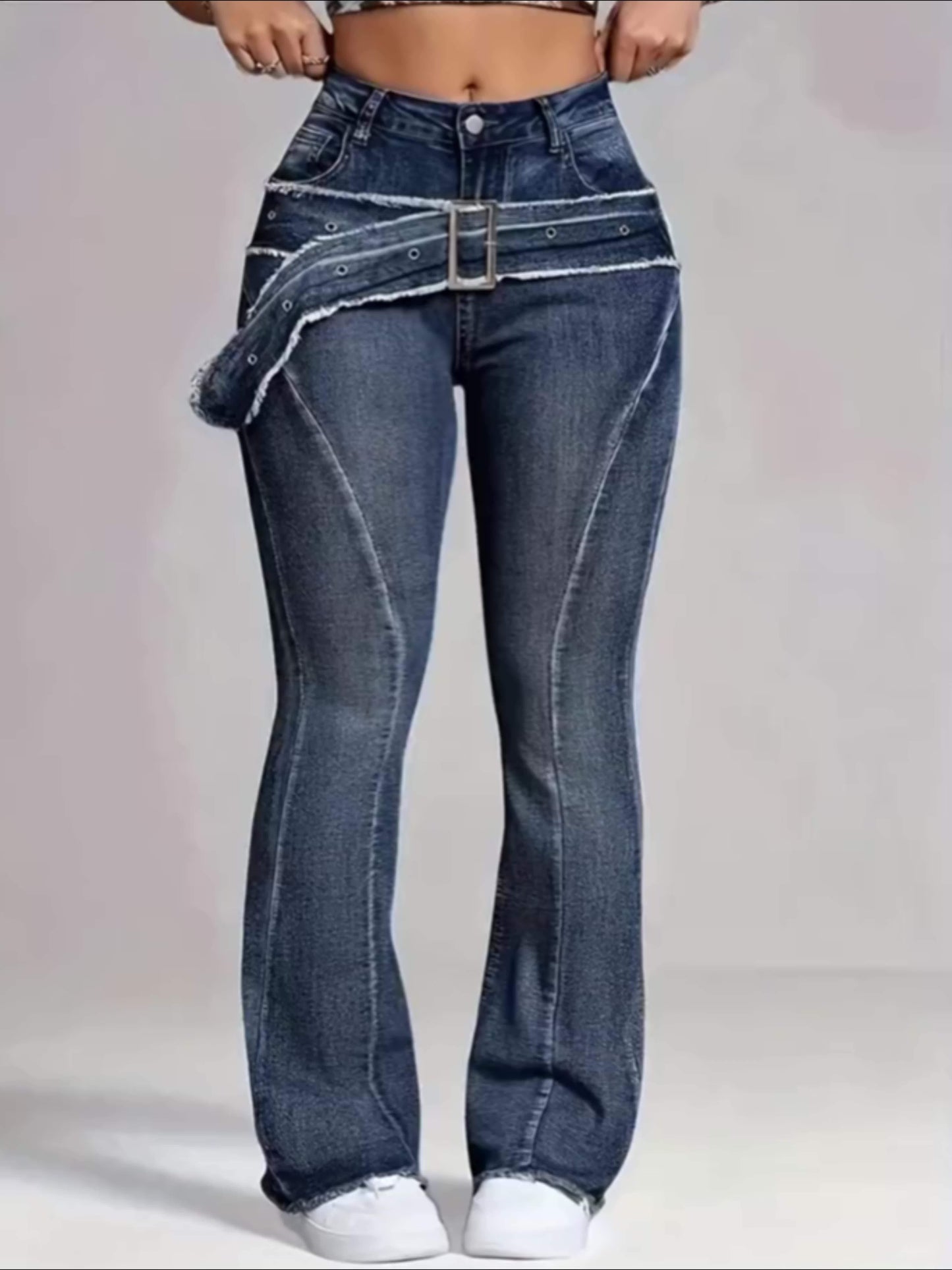 Ladies' Retro Washed Fringed Fake Waistband Design with Curved Edge And Slightly Flared Jeans