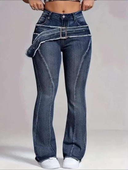 Ladies' Retro Washed Fringed Fake Waistband Design with Curved Edge And Slightly Flared Jeans