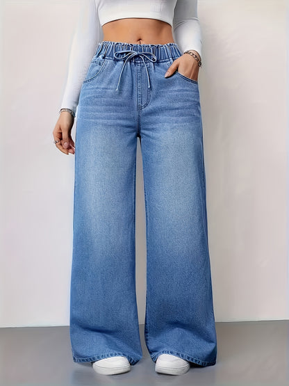 Women'S Washed Solid-Color High-Waisted Denim Pants Stylish Casual Elastic Drawstring Waistband Wide-Leg Pants Versatile Commuter Style