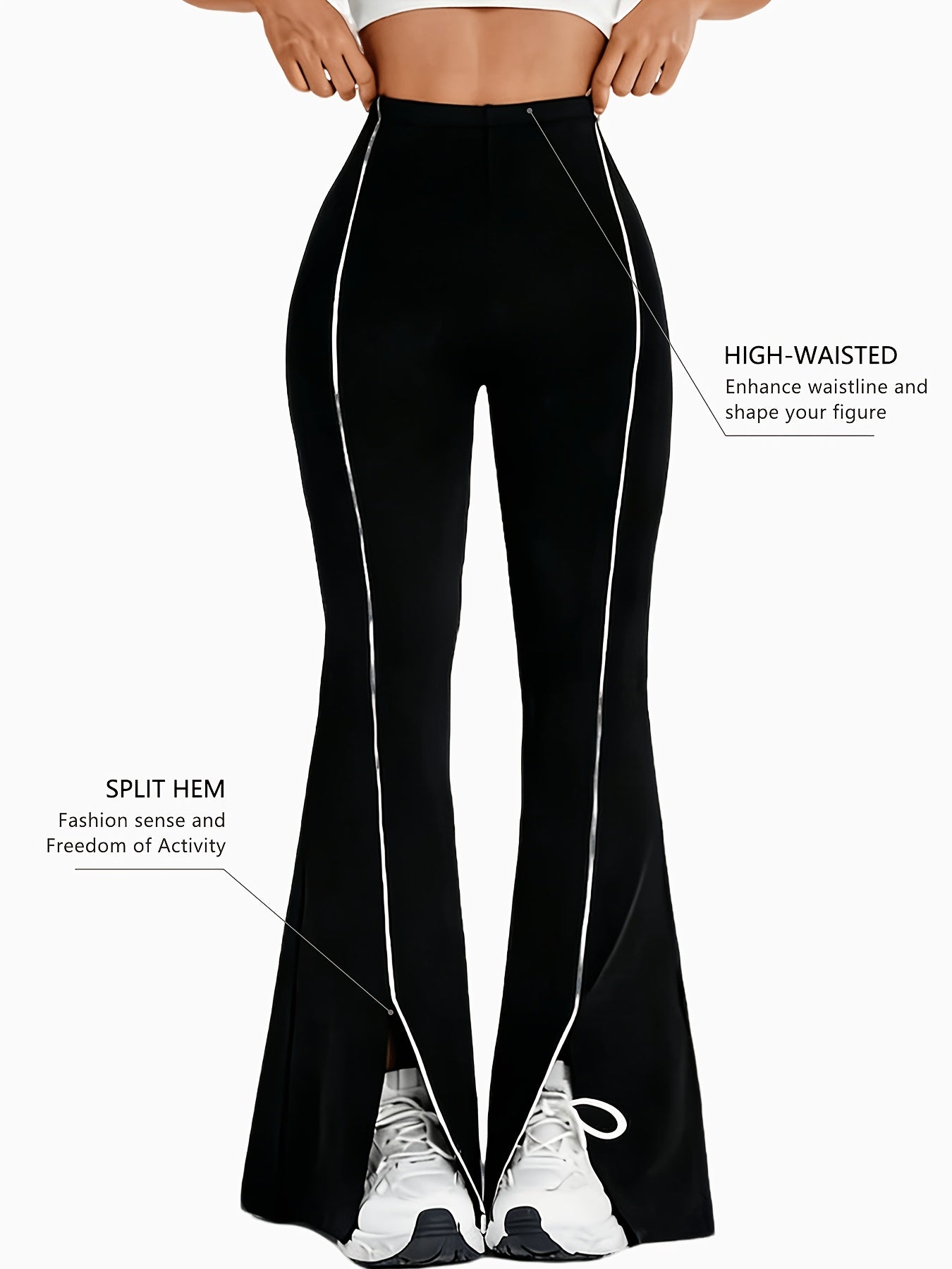 High-Waisted Slit Flared Pants with Side Lines, Elastic Pants, Retro And Versatile Casual Long Pants