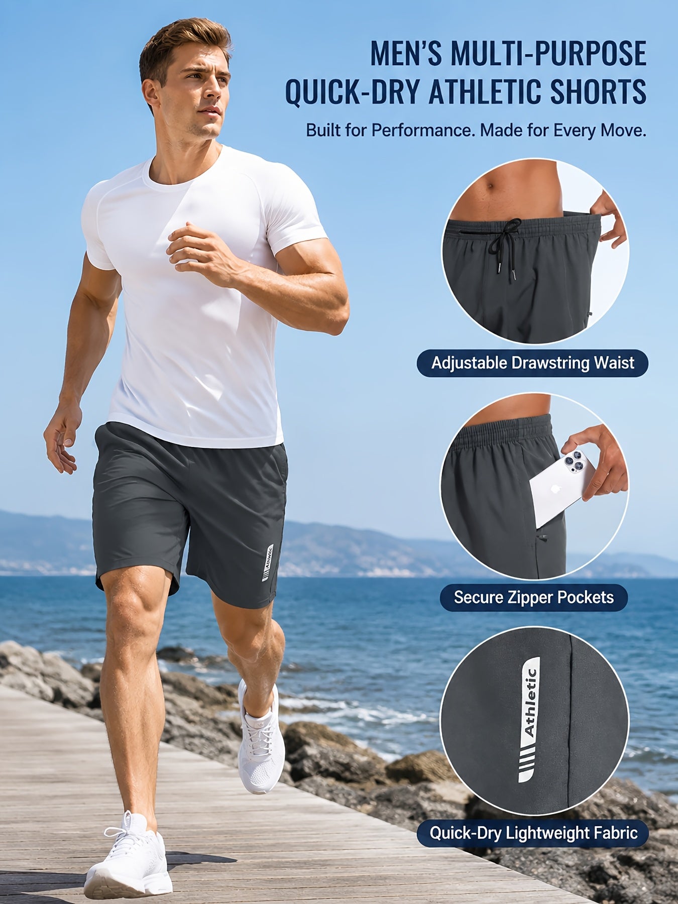 5pcs Men's Sports Gym Workout Shorts Basketball Shorts Men Stretch Waistband Side Zip Pocket Quick Drying