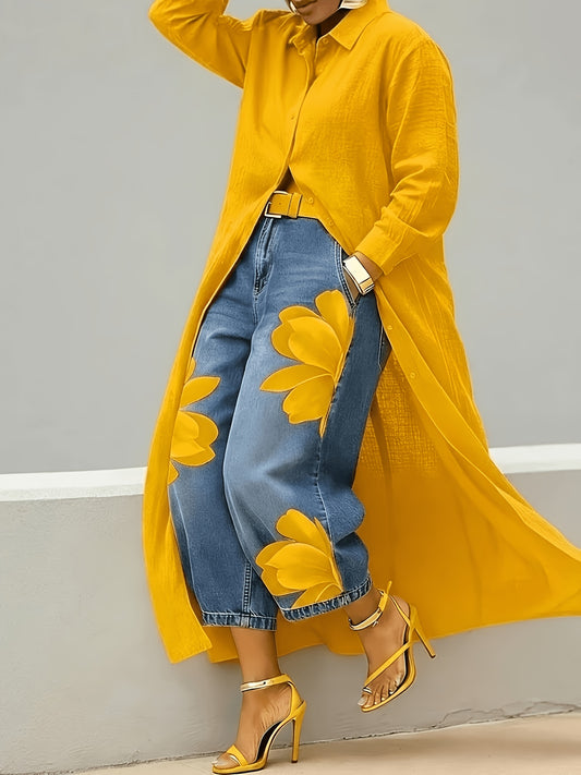 Red Women's Button Maxi Shirt Dress, Casual Long Sleeve Lapel Collar Loose Fit Duster Dress, Dress Only (Pants Not Included)