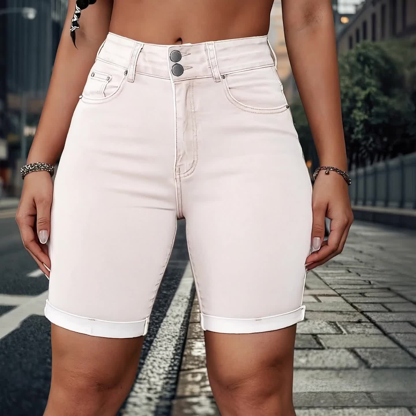 Women White Stretch Denim Bermuda Shorts Slim Fit High Waist Double Button Design Rivet Detailing Cuffed Hem Soft Flexible Fabric Figure Contouring Modern Minimalist Style Versatile Casual Streetwear Comfortable Durable Casual Attire Fashion Forward