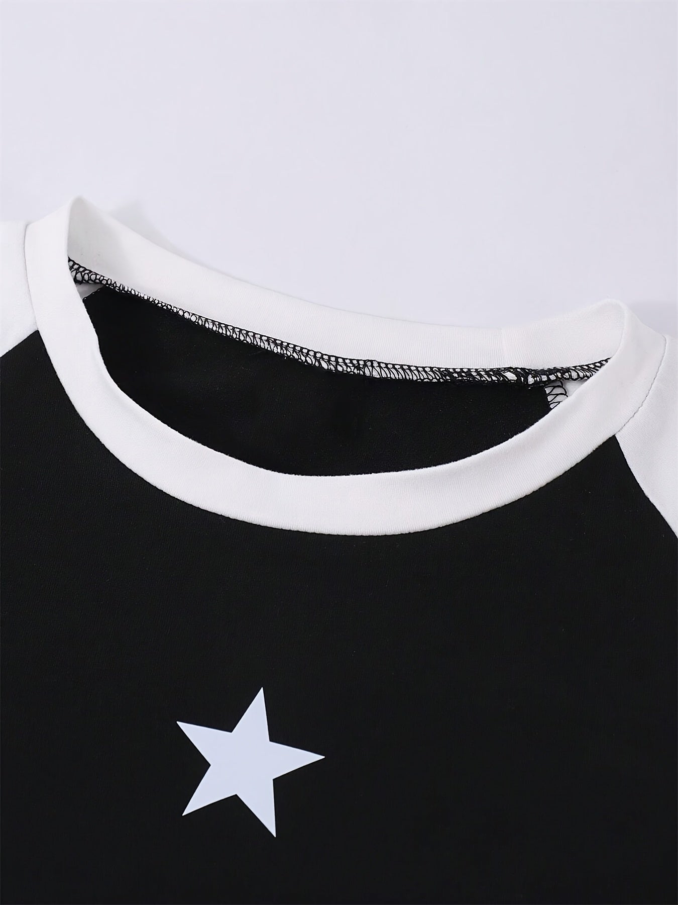 Girls' 2pcs Wide-Leg Pants Set/ Black Raglan Crop Tee with White Sleeves Star Print Matching White Printed Sweatpants Elastic Waist/ 4th Of July Casual Daily School Summer Vacation Outfit/ Kids Clothes Girls Teen Girl Clothes Pants Girls' Wide-leg