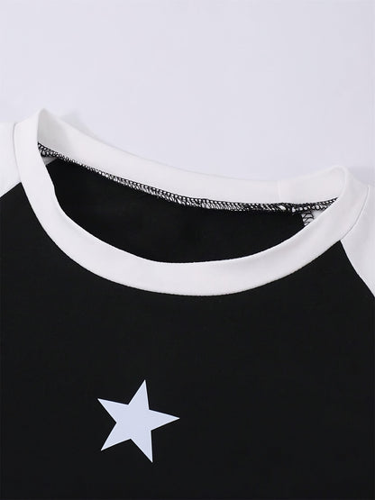 Girls' 2pcs Wide-Leg Pants Set/ Black Raglan Crop Tee with White Sleeves Star Print Matching White Printed Sweatpants Elastic Waist/ 4th Of July Casual Daily School Summer Vacation Outfit/ Kids Clothes Girls Teen Girl Clothes Pants Girls' Wide-leg