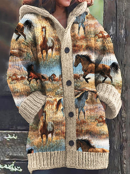 Vintage Horse Print Cardigan Button Up Sweater Jacket Casual Long Sleeve Outerwear Loose Fit Warm Coat for Daily Wear Travel Streetwear Autumn Winter