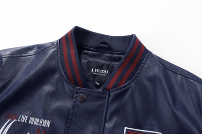 Plus Size Men'S Letter "R" Print PU Jacket for Spring/Autumn, Oversized Punk Raglan Baseball Jacket for Big & Tall Males, Men'S Clothing