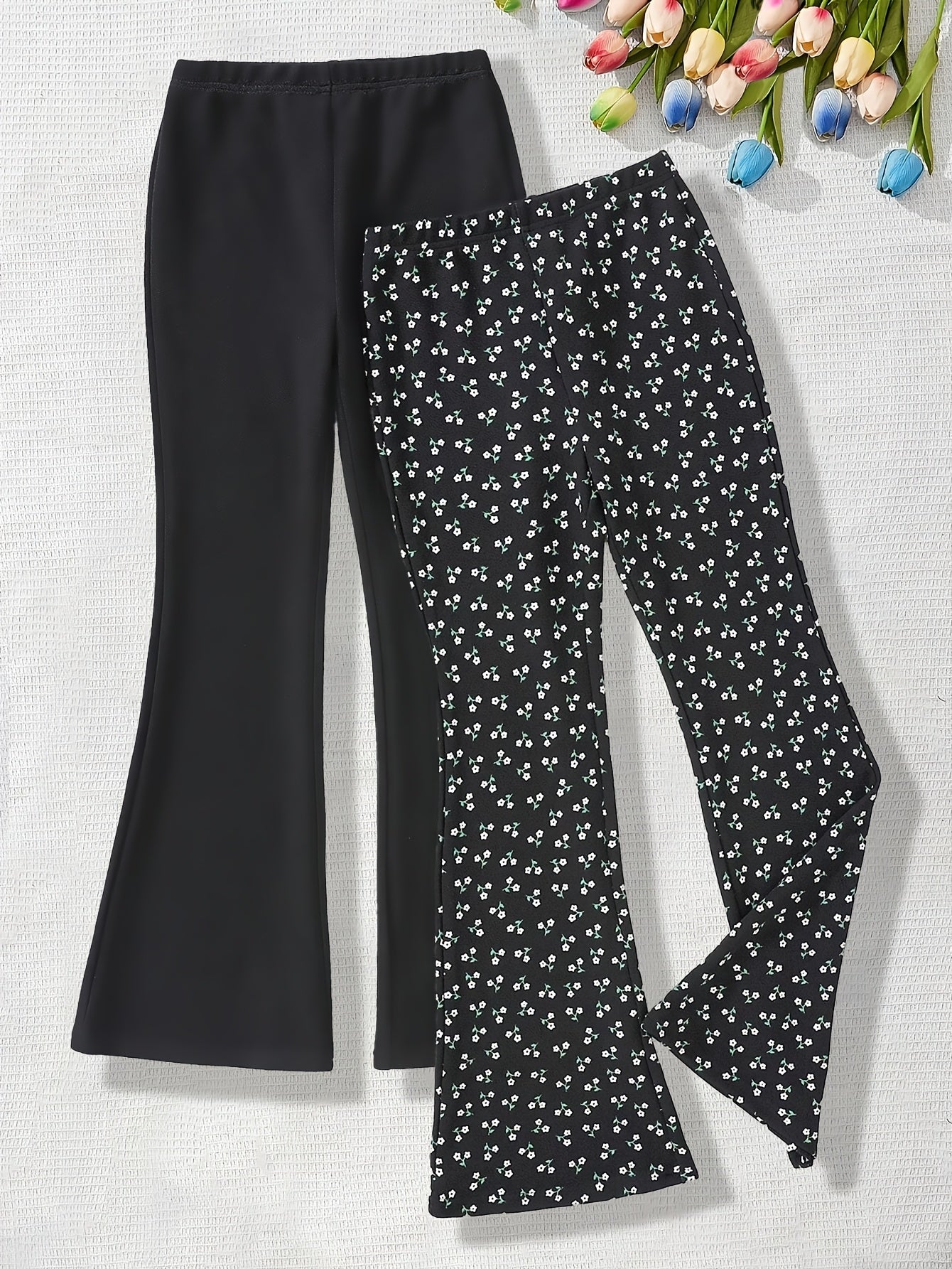 2pcs Girls' Heart Print & Solid Black Flare Leg Pants - Stretchable Bell-Bottom Trousers with Heart Patterns, Machine Washable Suitable for Outdoor Play, Dance, Gym, Casual Wear, All-Season for Aged 3+, Perfect for Outdoor