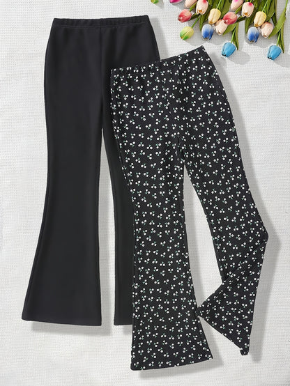 2pcs Girls' Heart Print & Solid Black Flare Leg Pants - Stretchable Bell-Bottom Trousers with Heart Patterns, Machine Washable Suitable for Outdoor Play, Dance, Gym, Casual Wear, All-Season for Aged 3+, Perfect for Outdoor