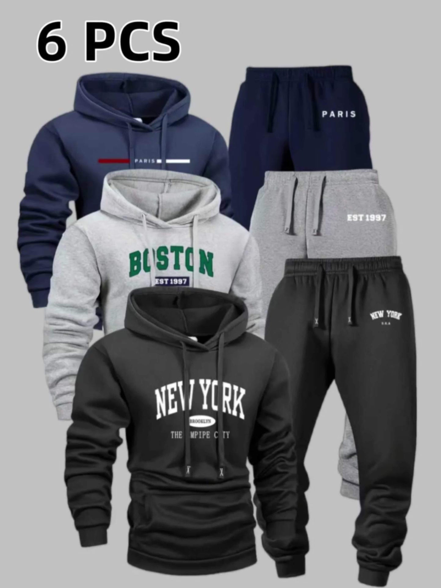 6pcs Men'S Spring And Autumn Solid Color Casual Set, Long Sleeved Hooded Sweatshirt And Drawstring Pants, Outdoor Sports Casual Set