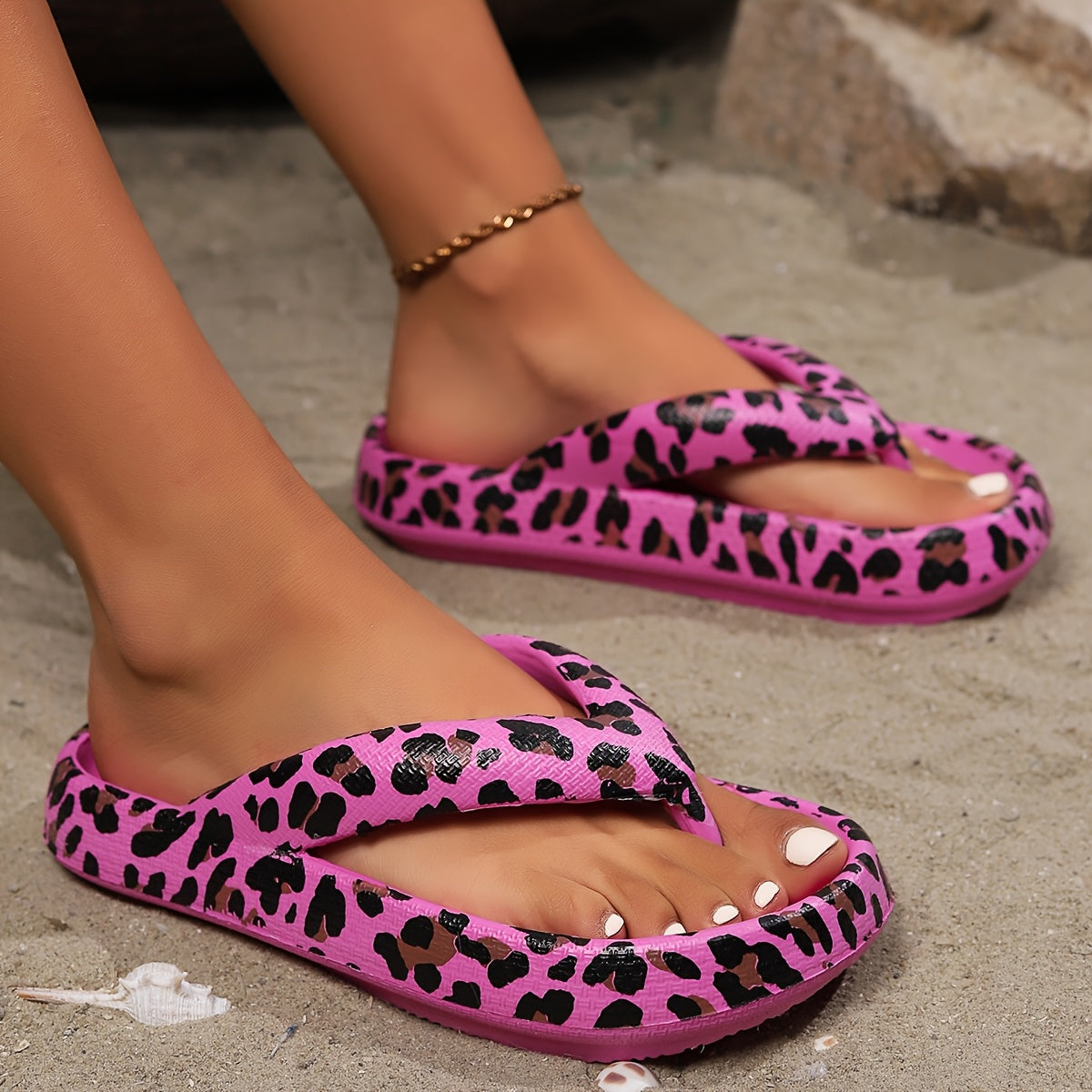 [Beach Vacation, Party] A Pair of Women's Flip-Flops. Summer New Style Casual, Versatile, Comfortable, Soft, Silent, Anti-Slip Leopard Print Printed Trendy Sandal. Beach Vacation, Beach Party, Indoor And Outdoor Bathroom, Large Size, Suitable for Both Men