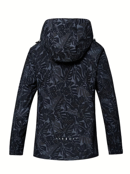 Women's Lightweight Windproof Hooded Jacket - Casual Zip-Up Outdoor Raincoat with Tropical Leaf Print, Removable Hood & Adjustable Cuffs for Spring Summer Fall,, Travel, Camping, Camping Gear, Apparel, Durable Zipper Closure