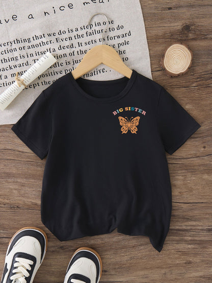 GOURD DOLL Girls' "IN MY BIG SISTER ERA" Graphic Print Short-Sleeve T-Shirt - Black, Loose Fit, 96% & 4% Elastane, Summer Casual Tee for Youngsters, Youngsters Summer Clothing | Round Neckline Top | Stretchy