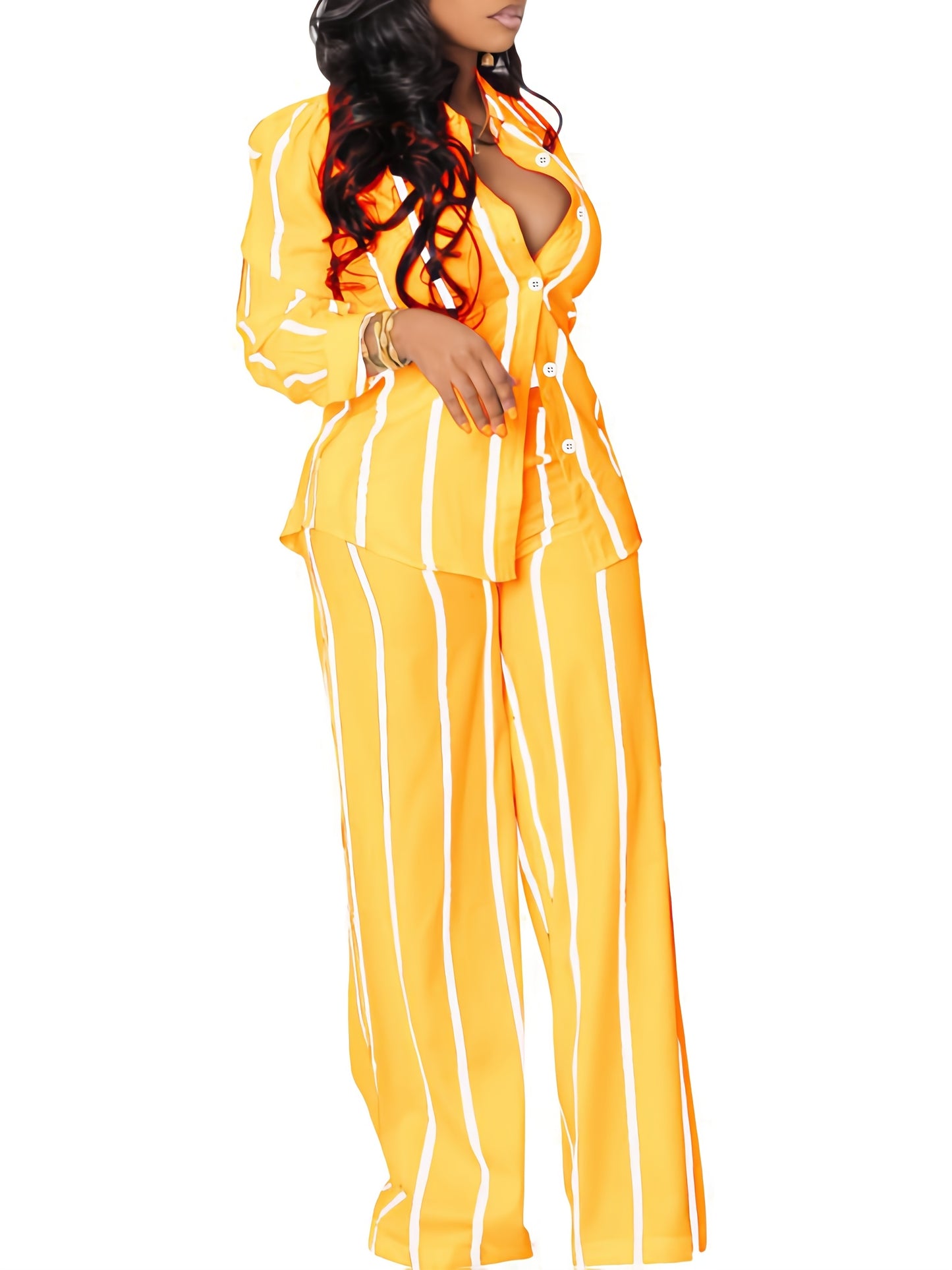 Women's Two-piece Striped Long-sleeved Button- Shirt with Wide-leg Trousers with Pockets