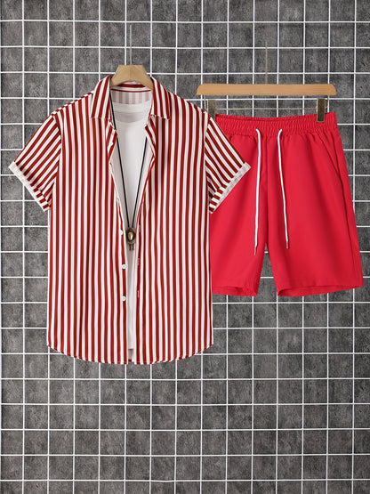 2pcs Men'S Casual Summer Outfit Set, Striped Short Sleeve Button Up Lapel Shirt Top & Solid Drawstring Shorts With Pockets For Casual Daily Wear And Holiday Resorts