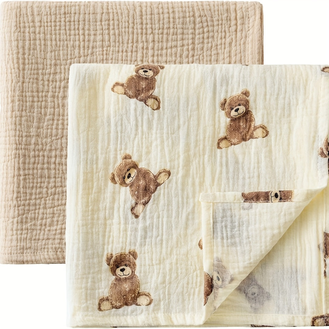 2-Pack Neutral Unisex Baby Swaddle Blankets - 40" X 40" Large Muslin Receiving Blankets for Boys & Girls, Boho Teddy Bear Nursery Design