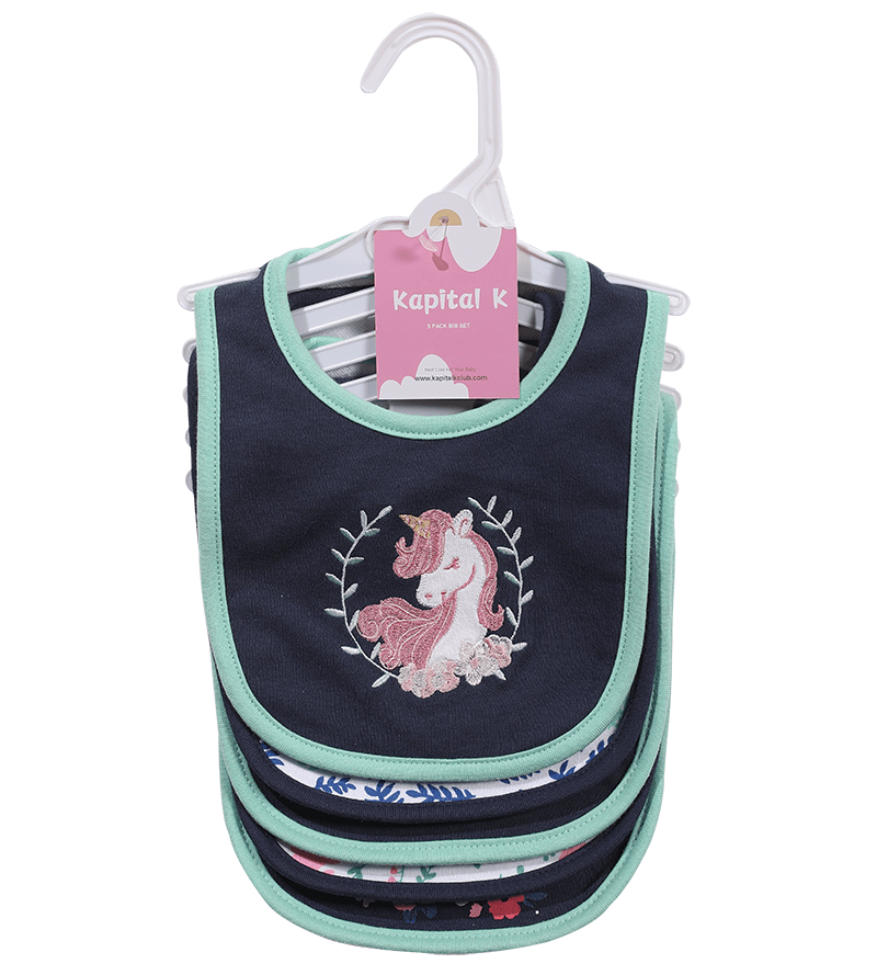 Kapital K 5pcs! Double - Layered Absorbent Cotton 5 - Piece Set with Cartoon Embroidery and Magic - Tape Adjustable Feeding Bibs for 0 - 3 Year - Olds, Boys & Girls