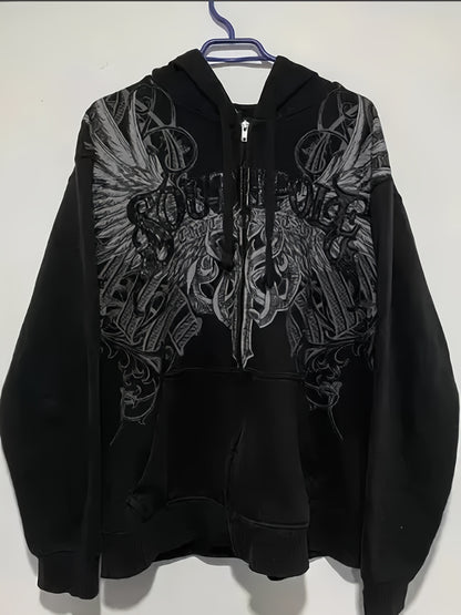 Y2K MMA Elite Zip Up Hoodie, Red Vintage Graphic Streetwear Jacket with Gothic Skull Wing Print, Full Zip Sweatshirt for Fall Winter, Unisex Hip Hop  Style Hoodie for Teens Men Women Couples, American Aesthetic Fashion Outerwear