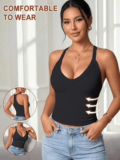 5pcs Women'S Ribbed V-neck Vest, Comfortable, Breathable, Sexy, Slim Fit, Sleeveless Suspender, Sports Vest