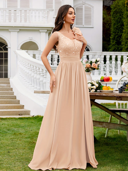 24451A Elegant Womens Mesh Deep V Neck Sequin Lace Maxi Dress, Sleeveless Applique Shoulder, Back V Neck, Ruched A Line Waist, High Thigh Slit Hem, Perfect For Formal Wedding Guest, Prom, Bridesmaid Party, Graduation Season, Wedding Season
