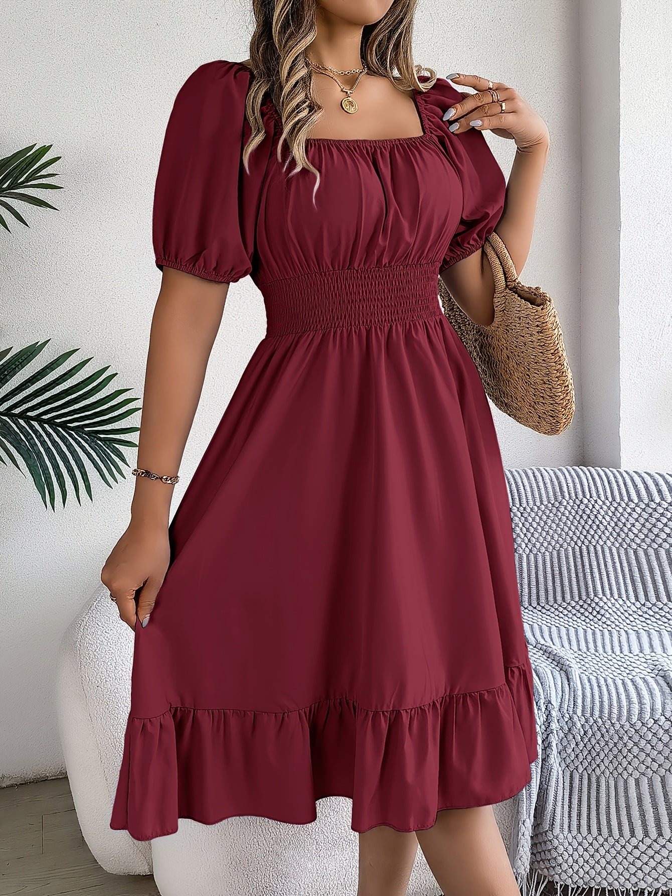Spring/Summer Women's Fashion Square Neckline Puff Sleeve A-Line Dress