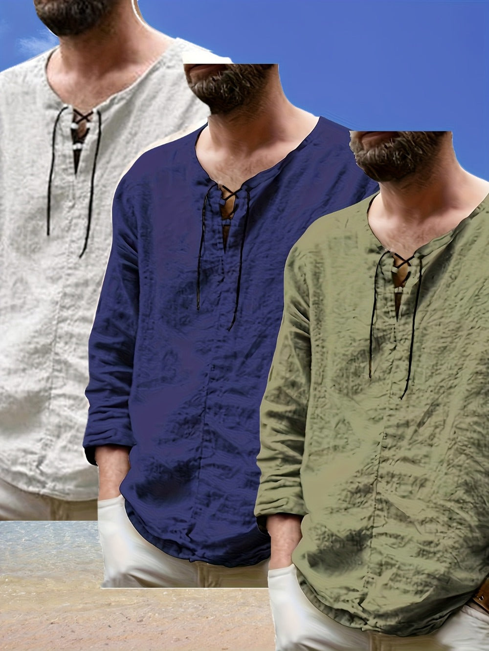Men's Lace Detail Casual Shirt - V-Neck Long Sleeve