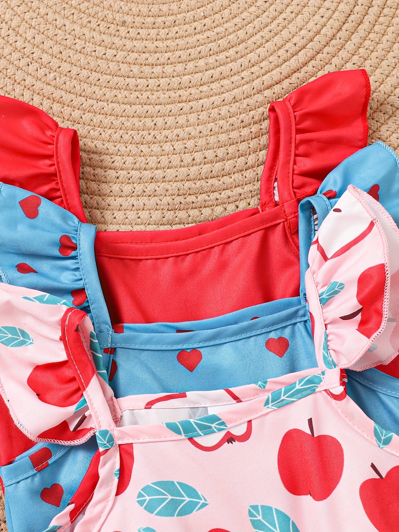 Set of 3 Girls' Casual Jumpsuits Featuring a Pink Fruit Print, a Blue Love Pattern, And a Solid Color for Spring And Summer, for Outdoor